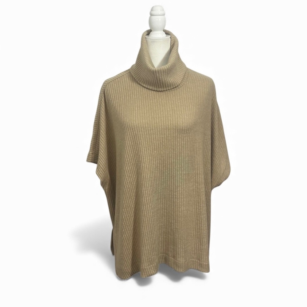 VAN HEUSEN Womens Beige Ribbed Turtleneck Poncho Sweater Top S P